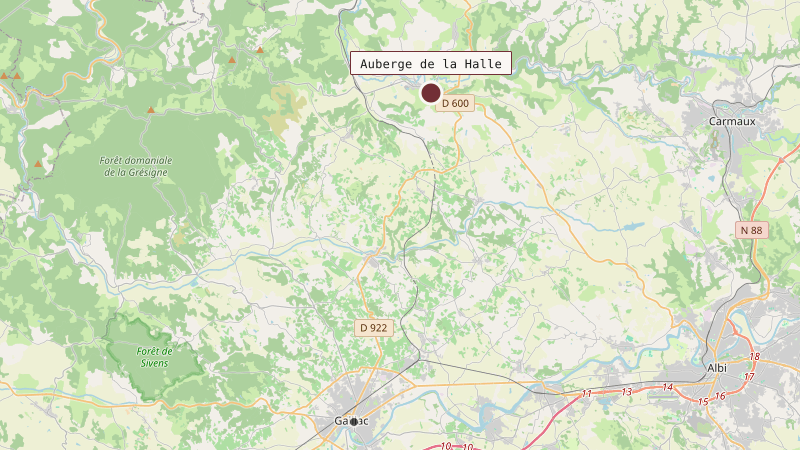 Carte situant Auberge de la Halle à 19 km au nord de Gaillac