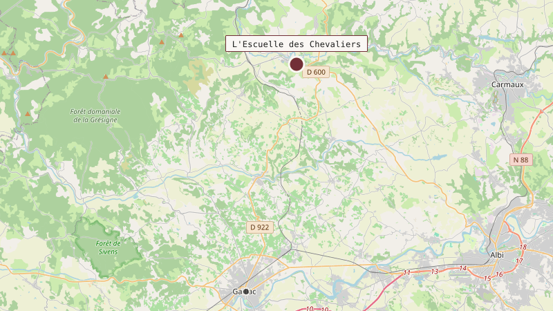 Carte situant L'Escuelle des Chevaliers à 19 km au nord de Gaillac