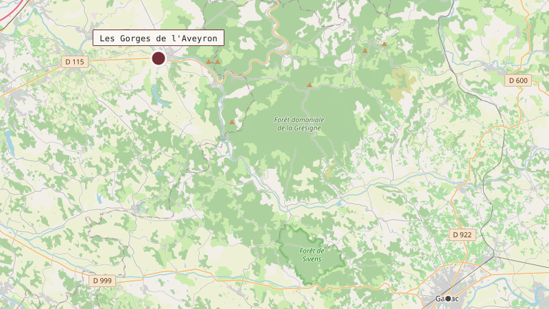 Carte situant Les Gorges de l'Aveyron à 30 km au nord-ouest de Gaillac