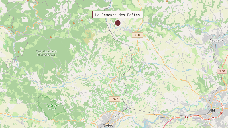 Carte situant La Demeure des Poètes à 20 km au nord de Gaillac