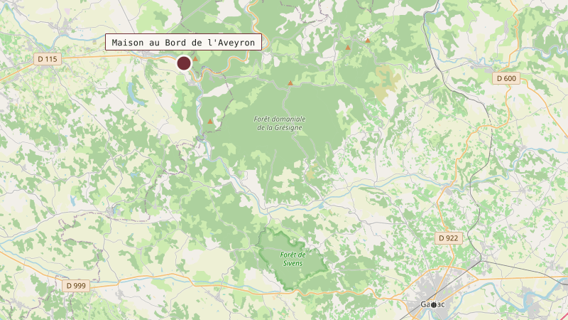 Carte situant Maison au Bord de l'Aveyron à 27 km au nord-ouest de Gaillac