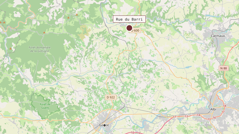 Carte situant Rue du Barri à 19 km au nord de Gaillac