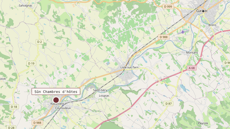 Carte situant Sûn Chambres d'hôtes à 16 km au sud-ouest de Gaillac