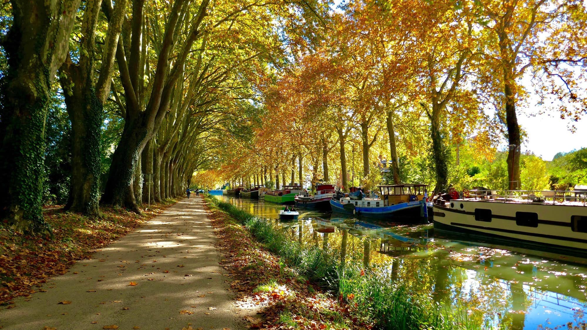 Le Canal du Midi à l'automne à la sortie de Toulouse, péniches amarrées